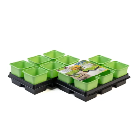 Doniczka kwadratowa 8 cm - Zielony (12 szt.) + 2 tace - Vefi