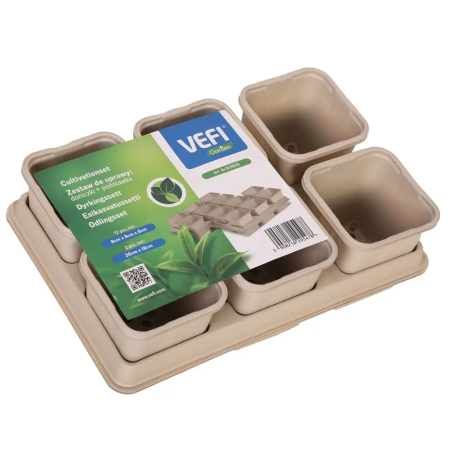 Doniczka kwadratowa 8 cm - Beżowy (12 szt.) + 2 tace - Vefi